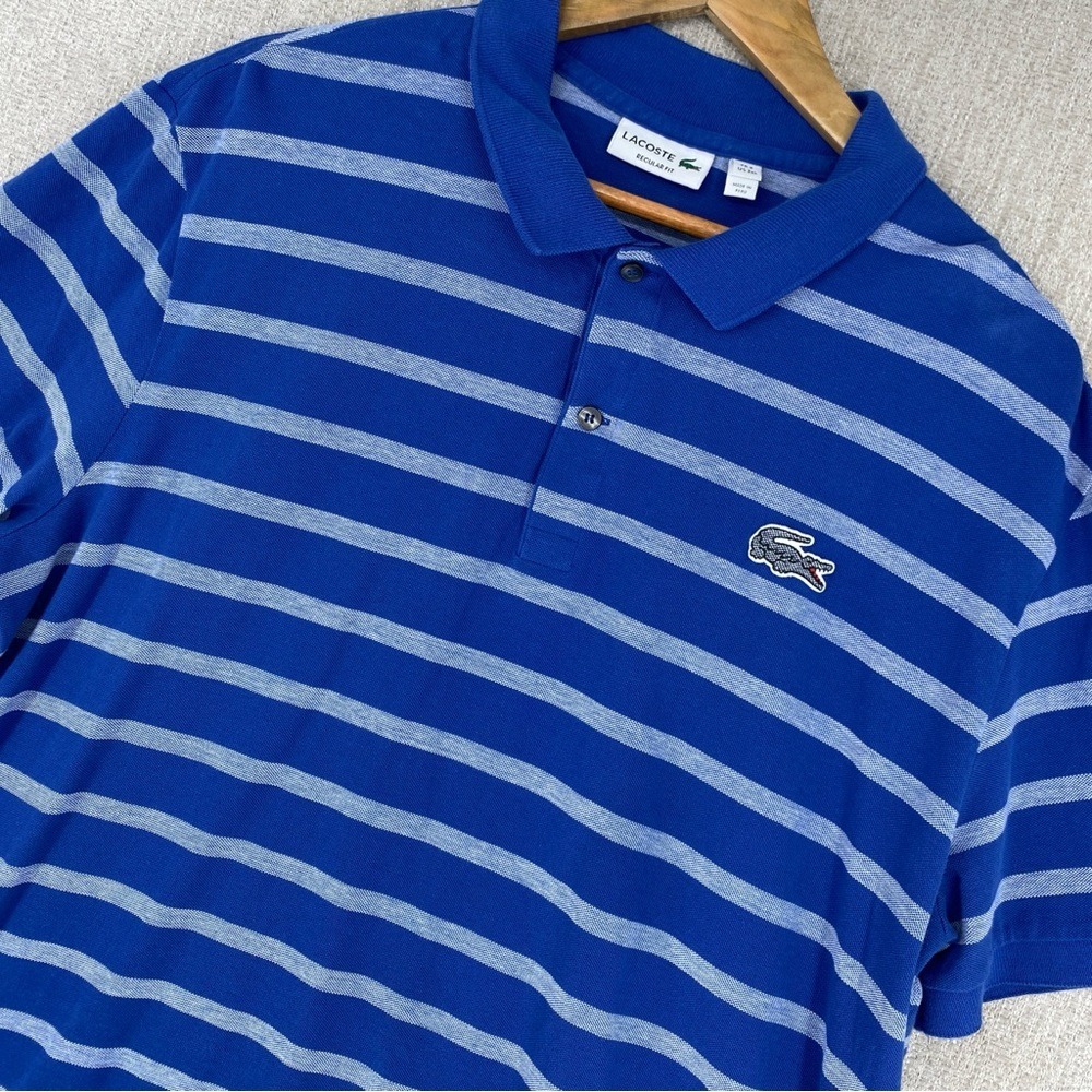 Lacoste Polo Shirt Mens 3XL Blue Striped Regular Fit Pique Crocodile Logo Knit